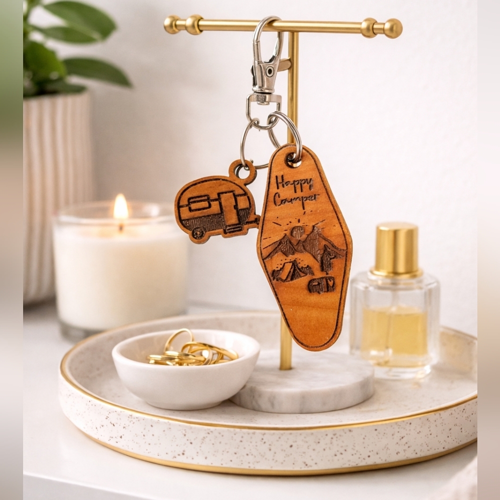 Happy Camper Wooden Motel Keychain RV Camper Travel Trailer Key Ring Gift